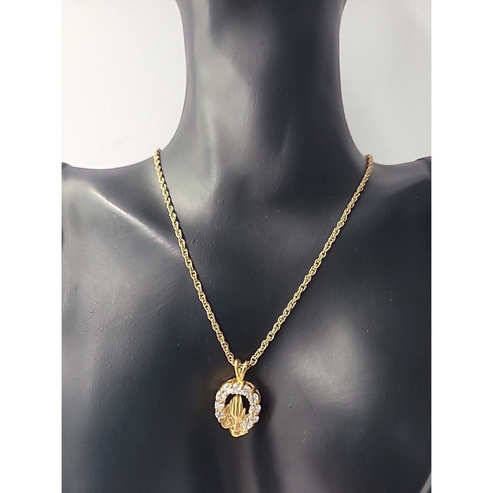 Vintage Gold Tone Rhinestone Praying Hands Pendant Necklace Religious Jewelry